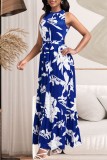 Blue Casual Print Frenulum O Neck Long Dress Dresses