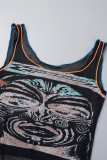 Black Casual Print Basic U Neck Tops