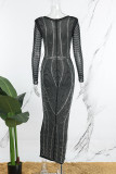 Black Sexy Patchwork Hot Drilling See-through V Neck Long Dress Dresses