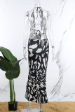 Black White Sexy Print Bandage Backless Slit Halter Sleeveless Dress Dresses