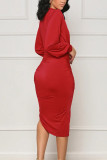 Red Sexy Solid Patchwork High Opening Fold V Neck Long Sleeve Dresses