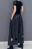 Black Street Solid Hollowed Out Patchwork Boot Cut Mid Waist Speaker Solid Color Bottoms