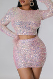 Pink Elegant Solid Sequins Patchwork Feathers O Neck Long Sleeve Two Pieces