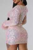 Pink Elegant Solid Sequins Patchwork Feathers O Neck Long Sleeve Two Pieces