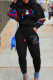 Black Casual Print Patchwork Draw String Pocket O Neck Long Sleeve Two Pieces