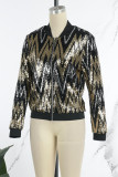 Gold Casual Patchwork Sequins Zipper Collar Outerwear
