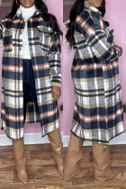 Dark Blue Casual Plaid Print Cardigan Shirt Collar Outerwear (Subject To The Actual Object)