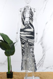 Black White Sexy Print Bandage Backless Slit Halter Sleeveless Dress Dresses