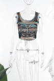 Black Casual Print Basic U Neck Tops