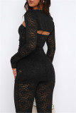 Black Sexy Casual Solid See-through Strapless Long Sleeve Three Piece Set