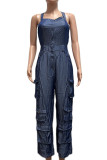 Royal Blue Street Solid Patchwork Pocket Buttons Halter Straight Jumpsuits