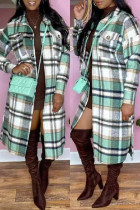 Green Casual Plaid Print Cardigan Shirt Collar Outerwear (Subject To The Actual Object)