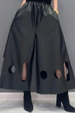 Black Street Solid Hollowed Out Patchwork Boot Cut Mid Waist Speaker Solid Color Bottoms
