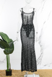 Black Sexy Solid See-through Backless Slit Halter Long Dress (Subject To The Actual Object,With Panties)