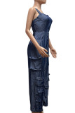 Royal Blue Street Solid Patchwork Pocket Buttons Halter Straight Jumpsuits
