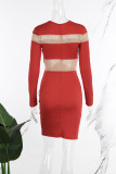 Orange Sexy Casual Solid Patchwork See-through O Neck Long Sleeve Dresses