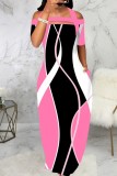 Pink Casual Print Bandage Patchwork Off the Shoulder Short Sleeve Dress Dresses