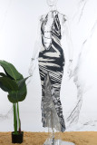 Black White Sexy Print Bandage Backless Slit Halter Sleeveless Dress Dresses