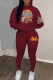 Burgundy Casual Character Print Letter Hooded Collar Long Sleeve Two Pieces