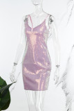 Pink Celebrities Sequins Patchwork Mesh Spaghetti Strap Sling Dress Dresses