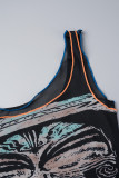 Black Casual Print Basic U Neck Tops