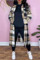 Khaki Casual Plaid Print Cardigan Shirt Collar Outerwear (Subject To The Actual Object)