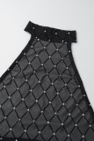 Black Sexy Solid See-through Backless Slit Halter Long Dress (Subject To The Actual Object,With Panties)