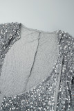 Grey Sexy Patchwork Sequins Slit V Neck Long Sleeve Two Pieces