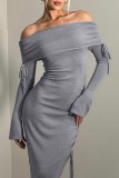 Grey Casual Solid Draw String Frenulum Off the Shoulder Long Sleeve Dresses