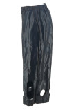 Black Street Solid Hollowed Out Patchwork Boot Cut Mid Waist Speaker Solid Color Bottoms