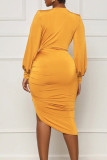 Yellow Sexy Solid Patchwork High Opening Fold V Neck Long Sleeve Dresses