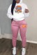 Powder White Casual Character Print Letter Hooded Collar Long Sleeve Two Pieces