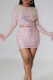 Pink Elegant Solid Sequins Patchwork Feathers O Neck Long Sleeve Two Pieces