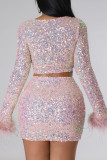 Pink Elegant Solid Sequins Patchwork Feathers O Neck Long Sleeve Two Pieces
