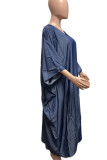 Blue Casual Street Solid Patchwork V Neck Half Sleeve Loose Denim Dresses