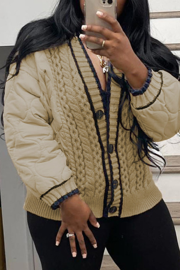 Khaki Casual Solid Patchwork Buttons V Neck Outerwear