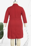 Rose Red Casual Solid Frenulum V Neck A Line Plus Size Dresses