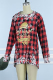 Red Black Casual Print Basic O Neck Tops
