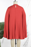 Red Casual Solid Slit Half A Turtleneck Pleated Plus Size Dresses