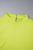 Green Yellow Casual Solid Slit Half A Turtleneck Pleated Plus Size Dresses