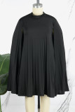Black Casual Solid Slit Half A Turtleneck Pleated Plus Size Dresses