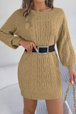 Khaki Casual Solid Basic O Neck Long Sleeve Dresses (Without Belt)