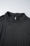 Black Casual Solid Slit Half A Turtleneck Pleated Plus Size Dresses