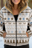 White Casual Print Patchwork Zipper Hooded Collar Outerwear