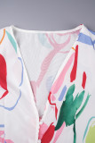 White Elegant Print Patchwork Buckle High Opening V Neck Printed Dress Dresses
