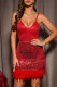 Red Sexy Party Formal Patchwork Sequins Feathers Backless V Neck Sling Dress Dresses