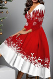 Red White Casual Print Basic V Neck Long Sleeve Dresses