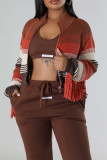 Brown Red Street Color Block Tassel Patchwork Zipper Cardigan Collar Outerwear（Tzitzit This Is A live Shot）