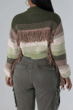 Ink Green Street Color Block Tassel Patchwork Zipper Cardigan Collar Outerwear（Tzitzit This Is A live Shot）