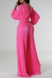 Pink Casual Solid Patchwork V Neck Regular Jumpsuits